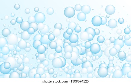 Blue soap foam bubbles vector concept, abstract shampoo soapy effect background. Water and detergent foam bubbles illustration. Blurry sphere elements background for hygiene cosmetics soap or shampoo.