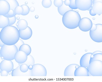 Blue soap foam bubbles vector concept, abstract shampoo soapy effect background. Water and detergent foam bubbles illustration. Blurry sphere elements background for hygiene cosmetics soap or shampoo.