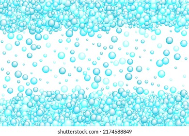 Blue soap foam vector background. Bathroom wallpaper. Soap, water and oxygen blowing bubbles. Round sphere shapes floating. Soapy circles foam soft texture.