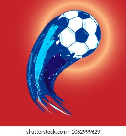 Blue soccer ball with splash tail. Vector illustration