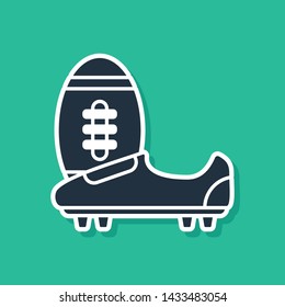 Blue Soccer or football shoes with spikes icon isolated on green background. American football boot and ball.  Vector Illustration