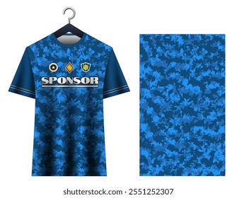 Blue soccer jersey, Football shirt. Camo soccer jersey, Abstract soccer jersey, Modern sports jersey. Dynamic football kit, Sporty apparel, Athlete wear.