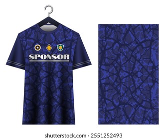 Camiseta de fútbol azul, camiseta de fútbol. Jersey de fútbol de patrón agrietado, jersey de fútbol Abstractas, jersey deportivo moderno. Kit de fútbol dinámico, ropa deportiva, ropa deportiva.