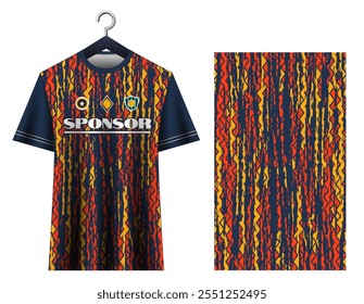 Camiseta de fútbol azul, camiseta de fútbol. Jersey de fútbol de patrón tribal, jersey de fútbol étnico, jersey deportivo moderno. Kit de fútbol dinámico, ropa deportiva, ropa deportiva.