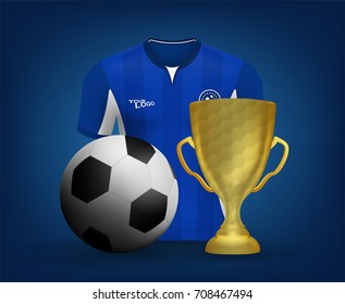Blue soccer jersey shirt football and trophy cup on blue backdrop. Concept for soccer match tournament result background in vector illustrative, eps 10