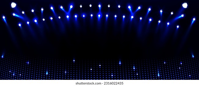 Blue soccer stadium arena light vector background. Sport game spotlight at night on football stage. Abstract field projector illumination on ground illustration. Empty champion shiny competition scene