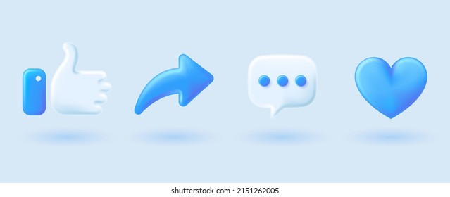 blue social media icon set thumbs, comment, share and love 3d style