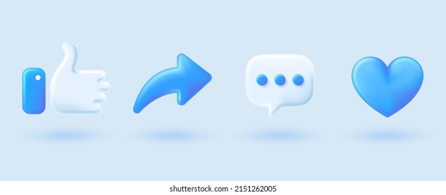 Blue Social Media Icon Set Thumbs, Comment, Share And Love 3d Style