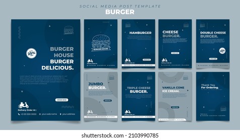 Blue social media post template with simple circle design. social media template with burger design. Also good template for online advertisement design.