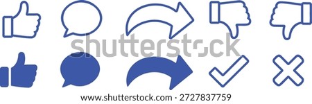 Blue social media thumbs up down share comment check mark cross