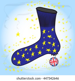 Blue sock decorated with EU stars. Ragged sock. Sock with a hole. England/United Kingdom flag ball. England and EU. Vector Illustration