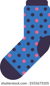 Blue sock with pink and dark blue dots pattern isolated on white background, perfect for representing fashion, winter, warmth, or simply a cozy and stylish accessory