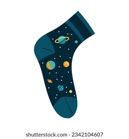 Blue sock with space pattern vector illustration. Cartoon drawing of colorful sock for children and adults isolated on white background. Fashion, accessory, clothes concept