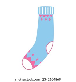 Blue sock vector illustration. Patterned sock or stocking isolated on white background. Winter holidays, fashion, accessories concept
