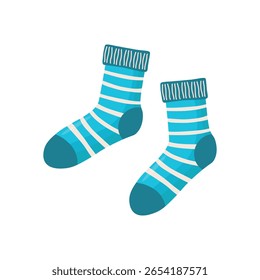 Blue socks with white horizontal stripes and ribbed cuffs, flat style on white background