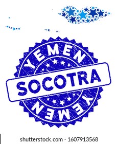 Blue Socotra Archipelago map collage of stars, and grunge round stamp. Abstract territorial scheme in blue shades. Vector Socotra Archipelago map is created of blue stars.