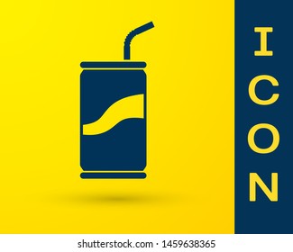 Blue Soda can with drinking straw icon isolated on yellow background. Vector Illustration