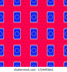 Blue Soda can with drinking straw icon isolated seamless pattern on red background.  Vector Illustration
