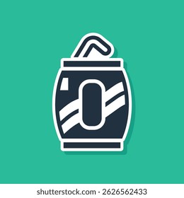 Blue Soda can with drinking straw icon isolated on green background.  Vector