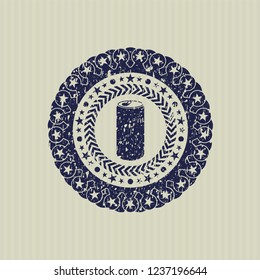 Blue soda can icon inside distressed rubber stamp with grunge texture