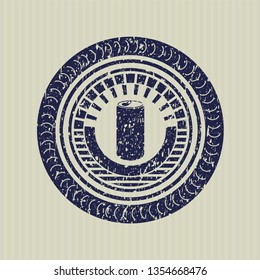 Blue soda can icon inside distress rubber stamp with grunge texture