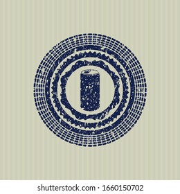 Blue soda can icon inside distress rubber stamp with grunge texture