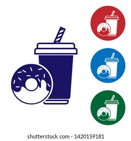 Blue Soda drink with drinking straw and donut icon isolated on white background. Fast food symbol. Set color icon in circle buttons. Vector Illustration
