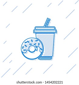 Blue Soda drink with drinking straw and donut line icon isolated on white background. Fast food symbol. Vector Illustration