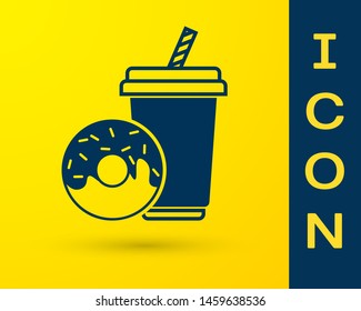 Blue Soda drink with drinking straw and donut icon isolated on yellow background. Fast food symbol. Vector Illustration