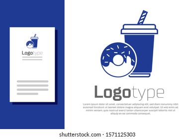 Blue Soda drink with drinking straw and donut icon isolated on white background. Fast food symbol. Logo design template element. Vector Illustration