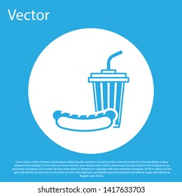 Blue Soda and hotdog icon isolated on blue background. Fast food symbol. White circle button. Vector Illustration