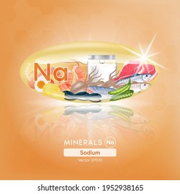 Blue sodium mineral capsules. Benefits Healthy food of vitamins with mineral seafood, meat and vegetables. Medical and dietary supplement care concept. 3D Vector EPS10 illustration