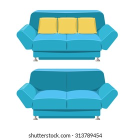 Blue sofa couch design in vector format. Front view