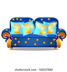 Blue sofa with gold armrests and an ornament in the form of yellow stars isolated on a white background. Set of pillows with image of angels silhouettes. Vector cartoon close-up illustration.