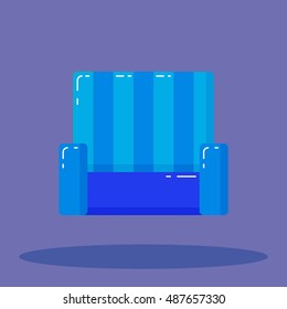 Blue sofa icon on purple background whith shadow. The piece of furniture. Furniture for living room, bedroom, office, garden, soul, design, facilities, apartments. An isolated object in modern style.