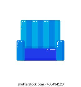 Blue sofa icon on white background with highlights. The piece of furniture. Furniture for living room, bedroom, office, garden, soul, design, facilities, apartments. An isolated object in modern style