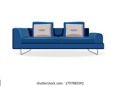 Blue sofa. Isolated comfortable couch seat icon. Modern style living room sofa with cushions front view. Vector interior soft furniture design, home or lounge decoration and comfort