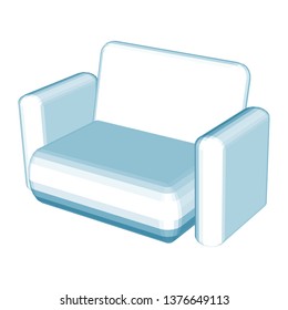 Blue sofa isolated white background. Retro style background. Decoration element. Interior comfortable living room. Chair icon. Graphic aqua drawing, sketch. 3D vector illustration, eps10.
