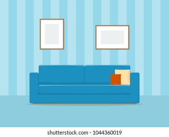 Blue sofa in living room. Flat design Vector Illustration