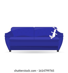 Blue sofa on a white background, isolate. Cute bunny toy on the couch. Symbol of a cozy home, interior object. Vector illustration in flat style.