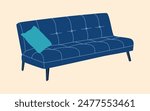 Blue sofa with pillow in modern style. Soft comfortable furniture element for cozy home interior. Hand drawn vector illustration isolated on light background, flat cartoon style.