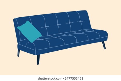 Blue sofa with pillow in modern style. Soft comfortable furniture element for cozy home interior. Hand drawn vector illustration isolated on light background, flat cartoon style.