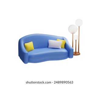 Blue sofa with pillows and floor lamp 3D plastic style icon. Realistic leather couch with rounded back. Vector render illustration isolated. Volumetric modern lounge furniture, interior design element