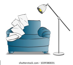 Blue sofa and pillows. Sofa with lamp. Vector illustration.