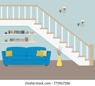 Blue sofa with pillows, located under the stairs. There is also a vase with decorative branches, lamps and book shelves in the picture. Vector flat illustration.