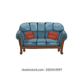 Blue sofa with red pillows on a white background
