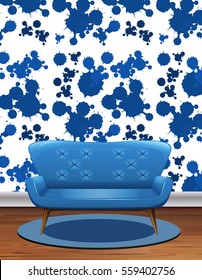 Blue sofa in room with blue splash wallpaper illustration