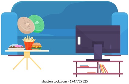 Blue sofa and small table with fastfood products, televisor. Modern tv, couch place to relax