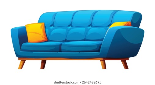 Blue sofa with tufted back, orange pillows, and wooden legs, providing a vibrant seating area. Vector cartoon illustration