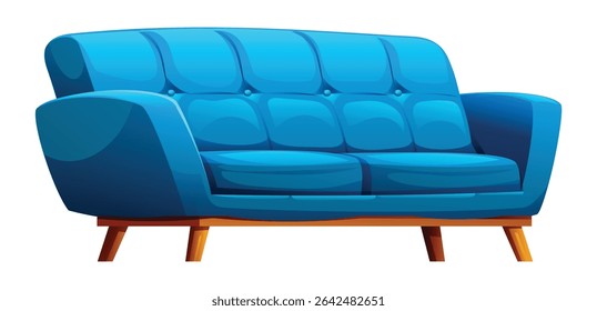 Blue sofa with tufted back and wooden legs, providing a cozy and inviting seating area. Vector cartoon illustration